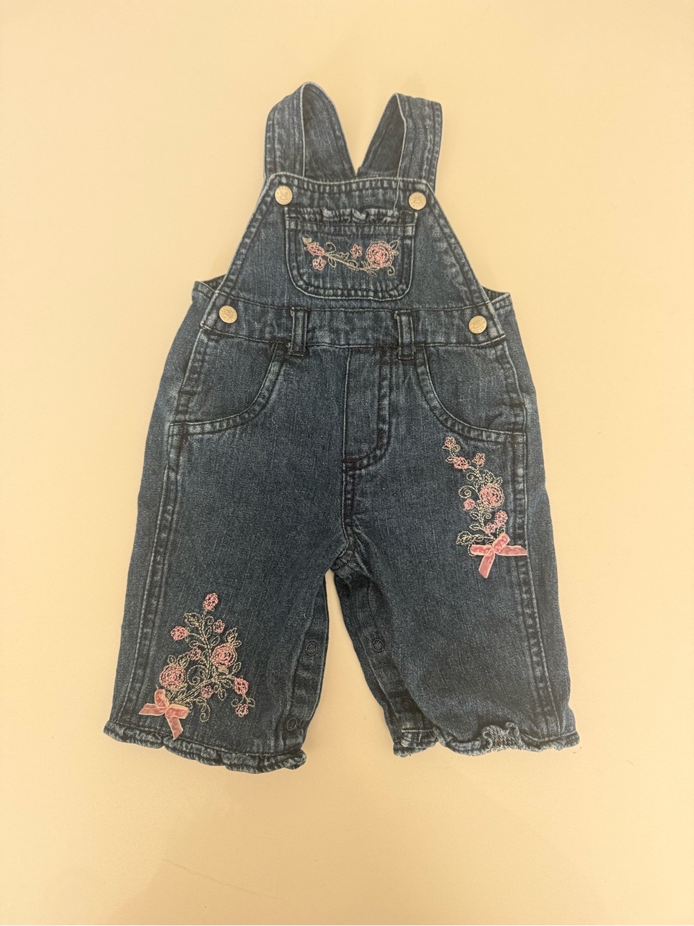 Faded Glory Dark Blue Denim Baby Girl Overalls with Pink Embroidery